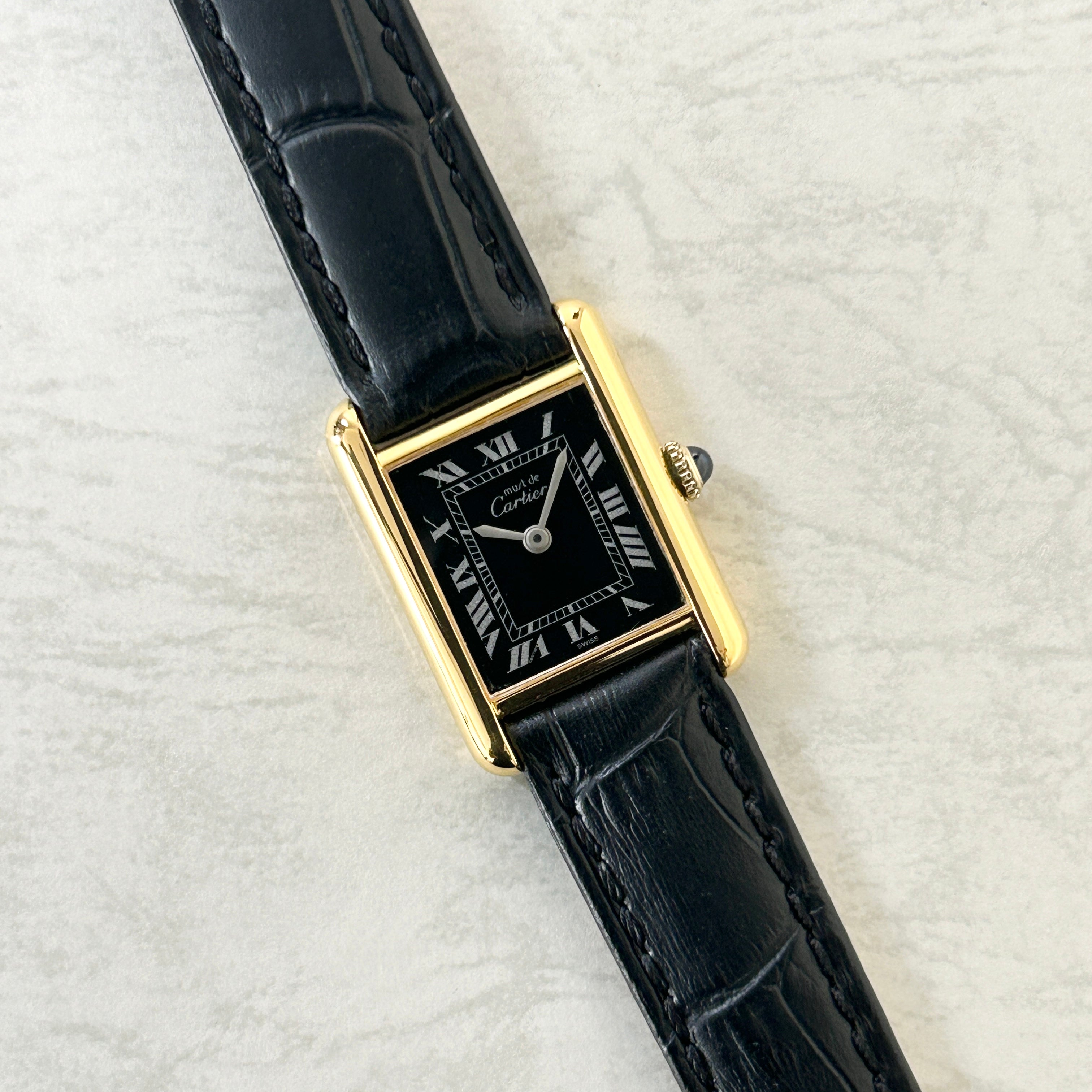 【Cartier】カルティエ<BR>マストタンク SM手巻きブラックローマ 純正尾錠付き