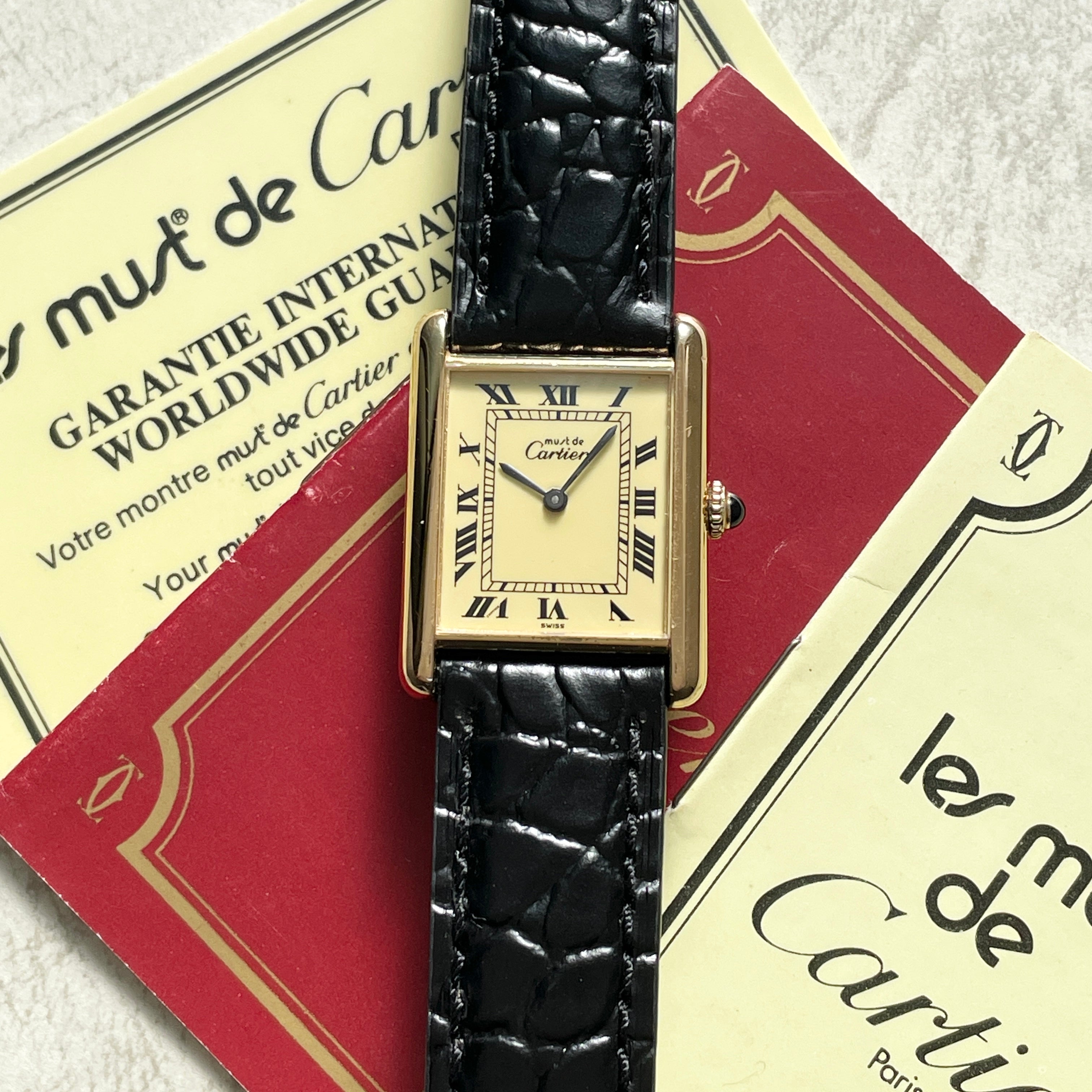 【Cartier】カルティエ<BR>マストタンク LM手巻きアイボリーローマ 付属品付き