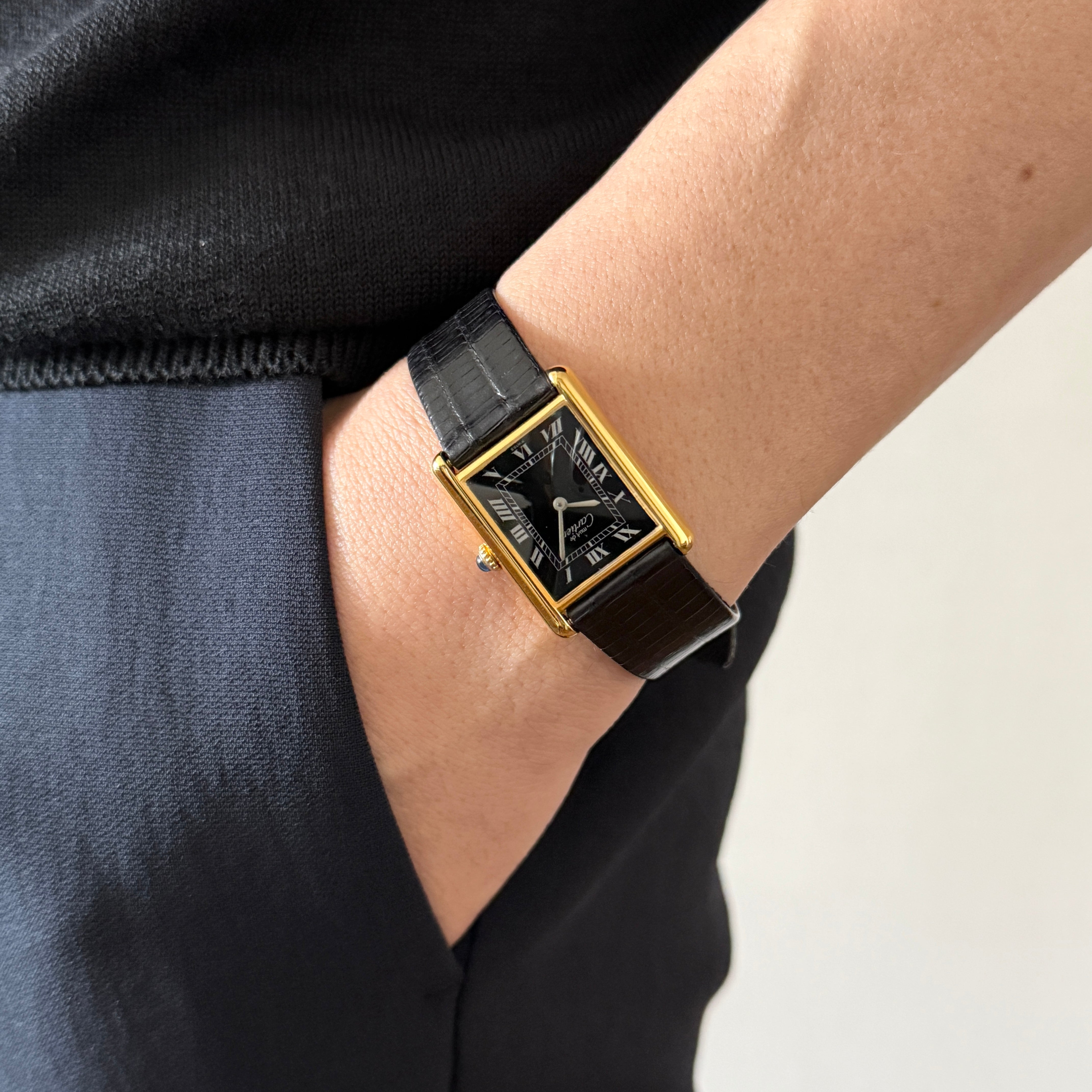 【Cartier】カルティエ マストタンクLM手巻きブラックローマ 純正尾錠付き