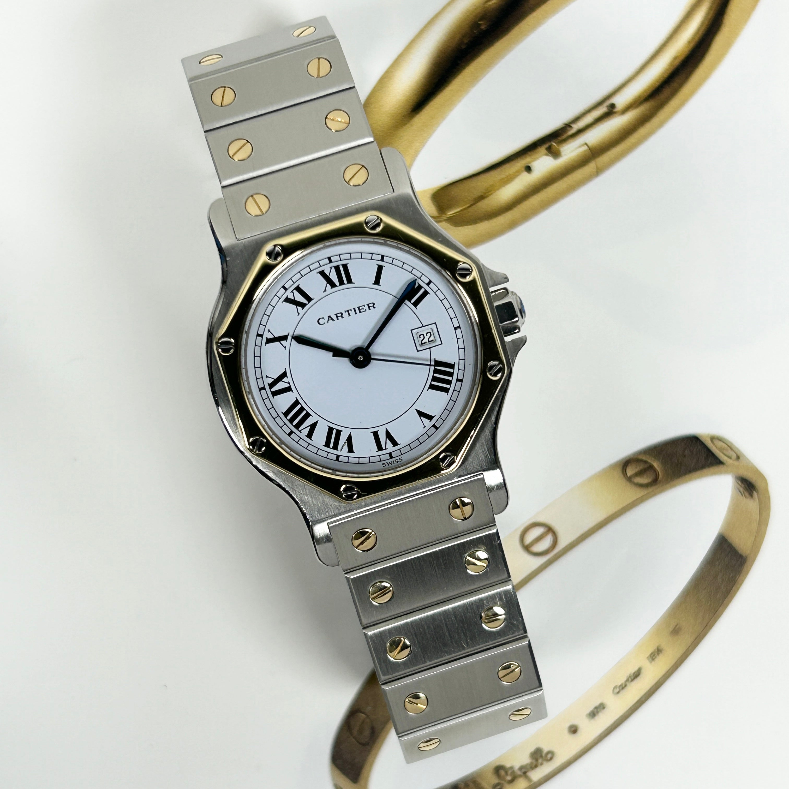 [Cartier] Santos Octagon LM 18KYG x SS White roman with late model bracelet