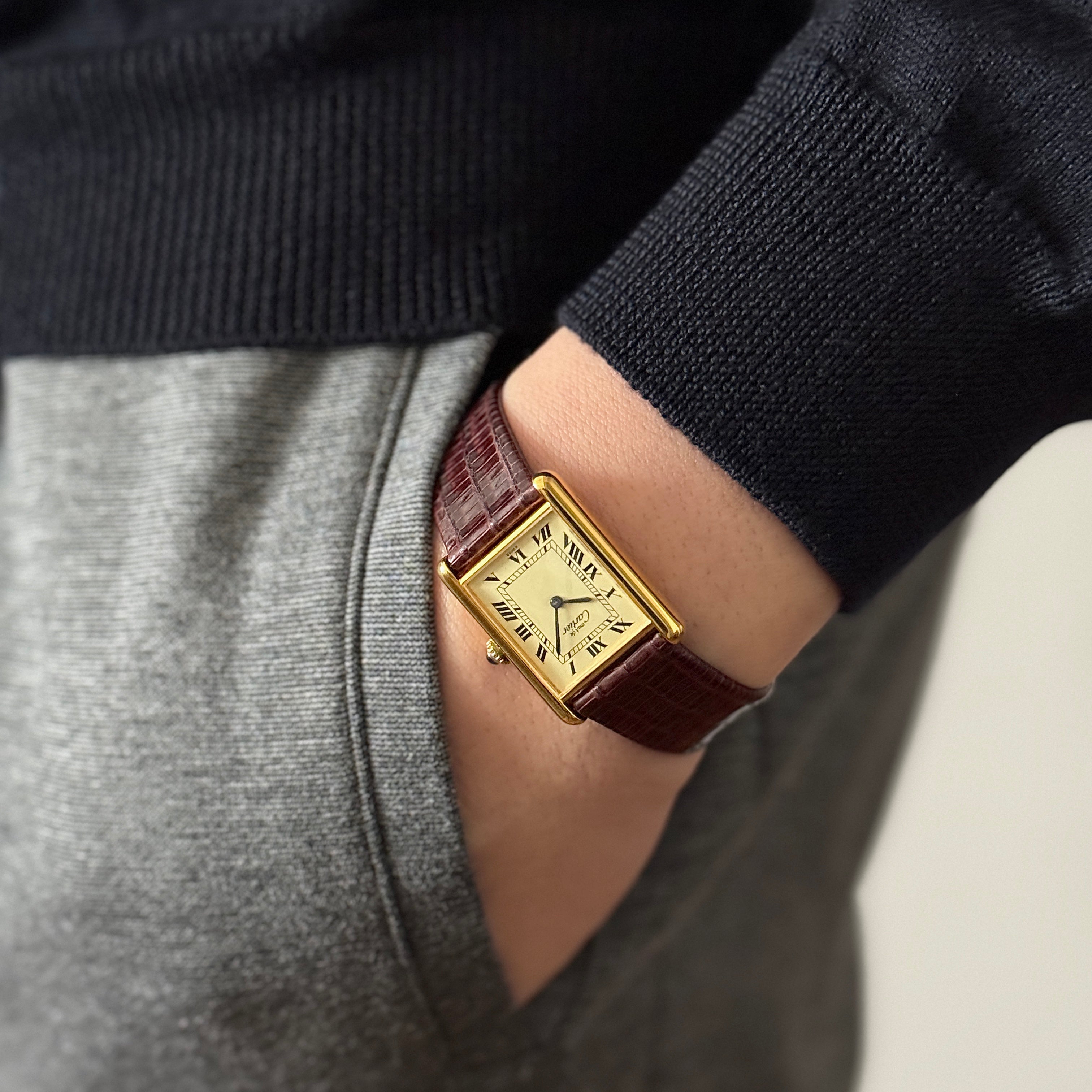 [Cartier] Cartier Must Tank LM Ivory Roman Manual Winding with Genuine Buckle