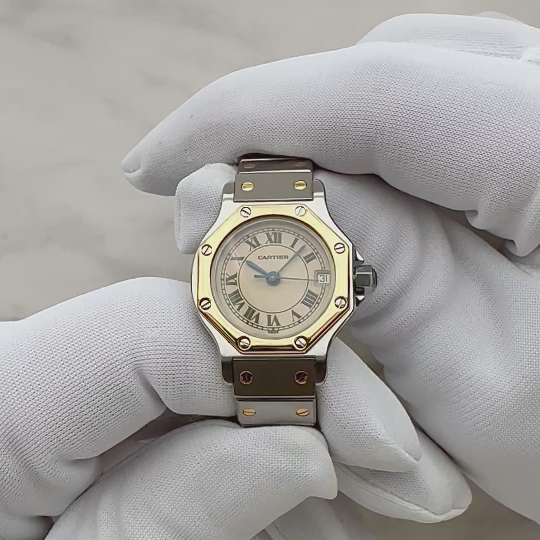 [Cartier] Cartier Santos Octagon SM 18K Yellow Gold x Stainless Steel Quartz Model with Double Buckle. Complete Cartier Service.