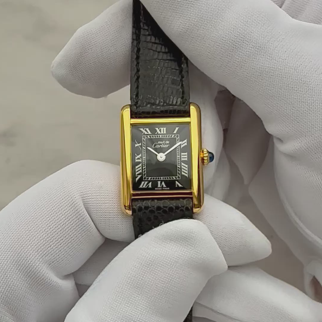 【Cartier】Cartier Must Tank SM Black Roman Manual Wind with Perpetual Warranty, Cartier Complete Service Completed