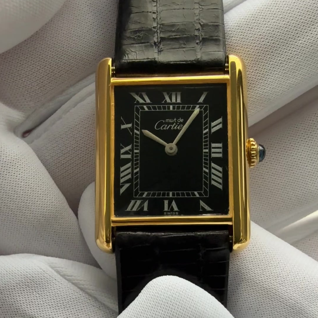 【Cartier】カルティエ マストタンクLM手巻きブラックローマ 純正尾錠付き