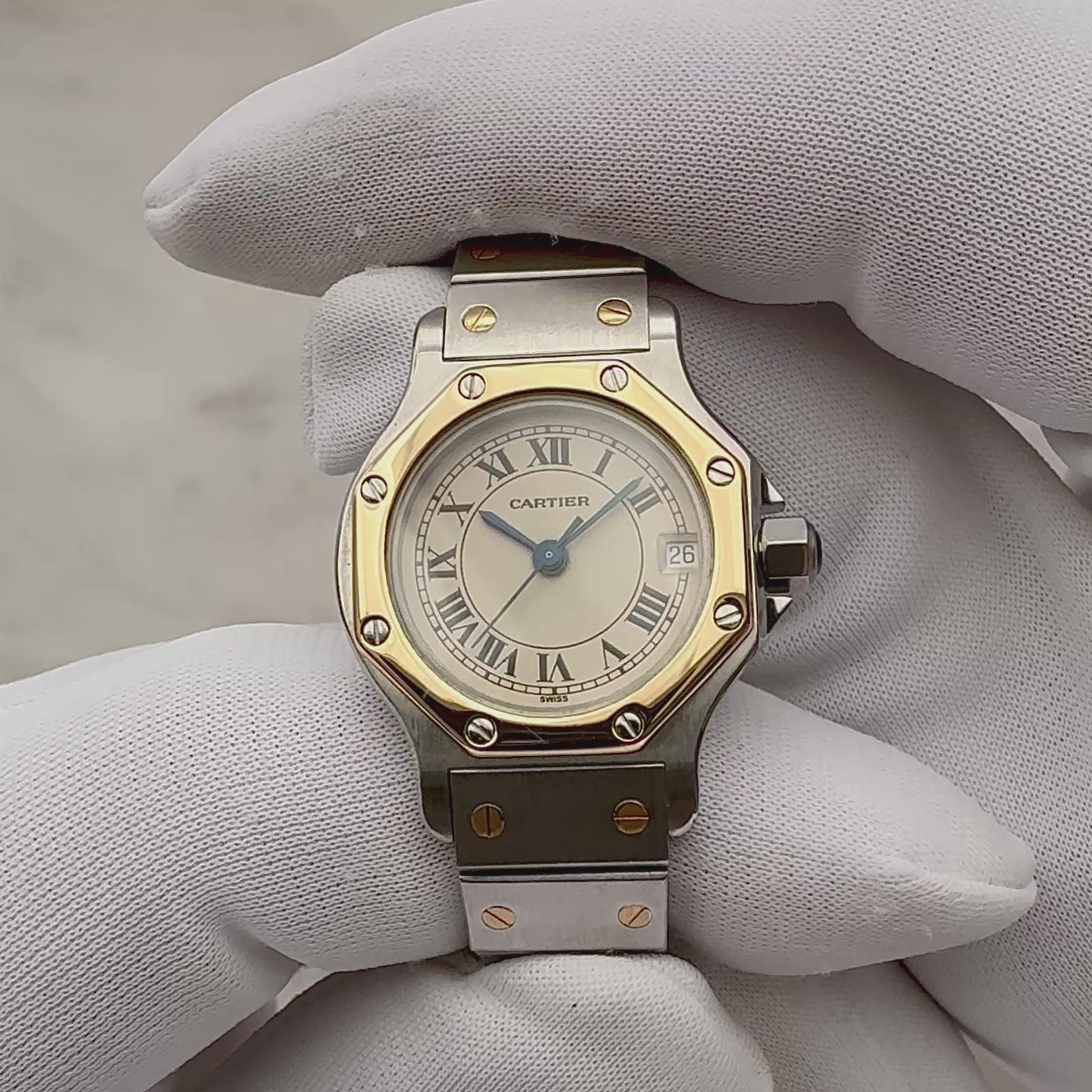 【Cartier】Cartier Santos Octagon SM 18K YG x SS Quartz Model, Cartier Complete Service Performed