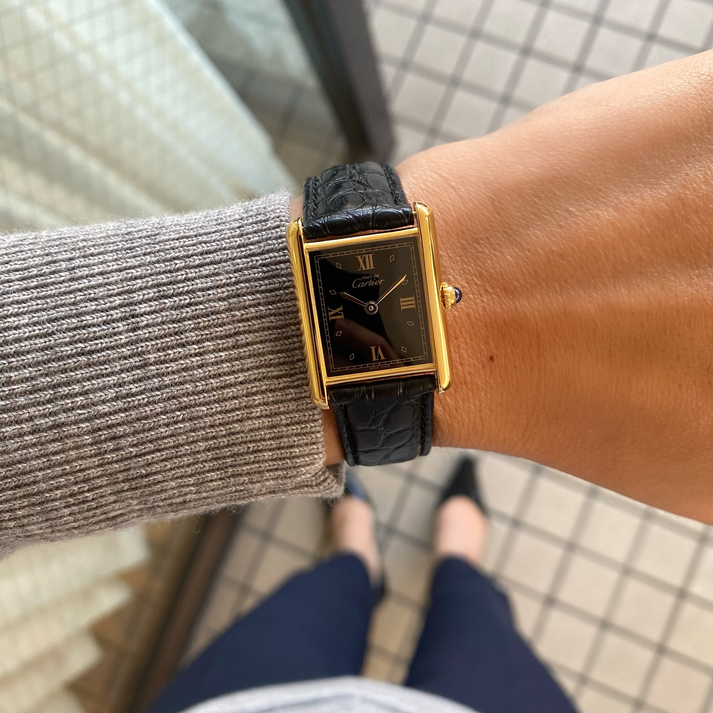 [Cartier] Mast Tank LM Black 4 -point Roma QZ With genuine D buckle