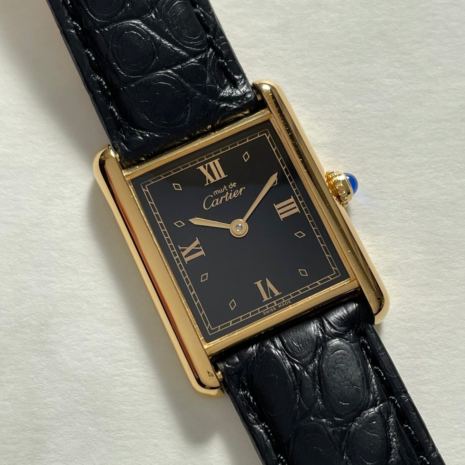 【Cartier】カルティエ<BR>マストタンク LMブラック４点ローマQZ純正Dバックル付き