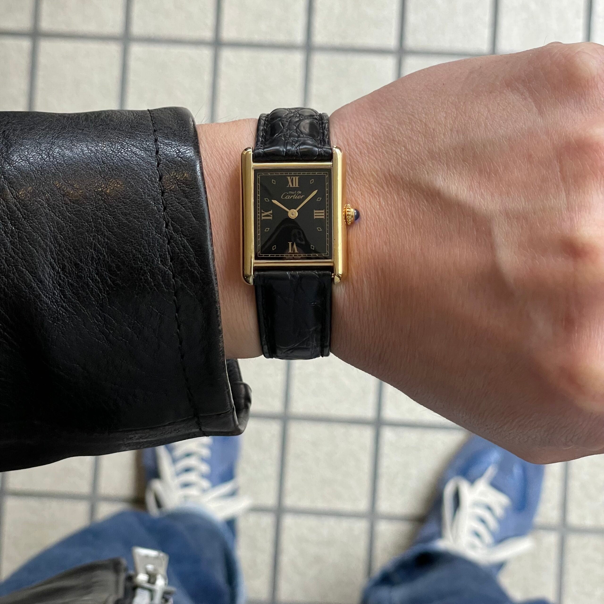 [Cartier] Mast Tank LM Black 4 -point Roma QZ With genuine D buckle